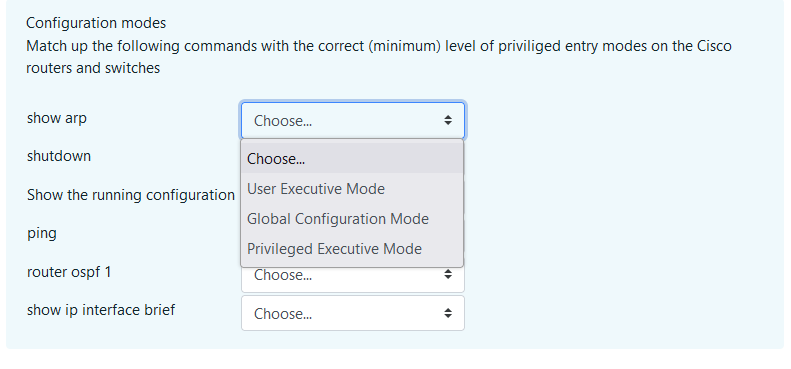 Solved Configuration modes Match up the following commands | Chegg.com