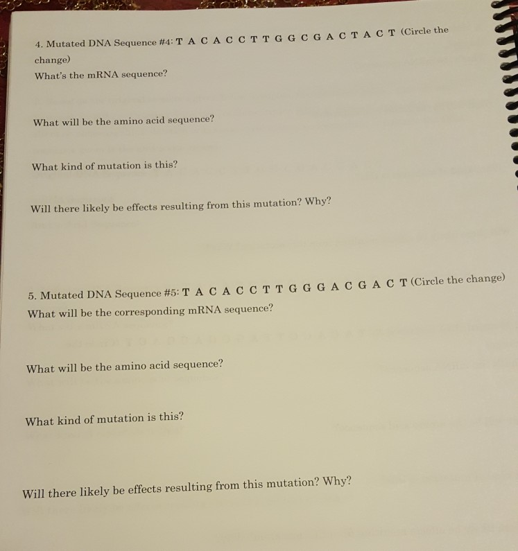 1. Mutated DNA Sequence #1: T A C A T C T T G G C G A | Chegg.com