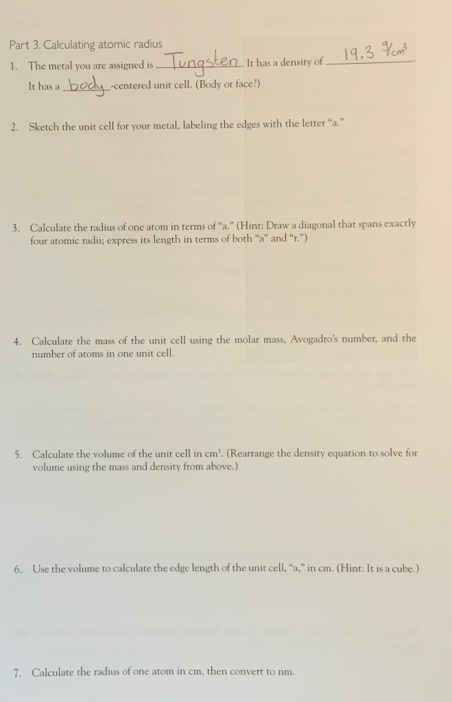 Solved Part 3. Calculating atomic radius 1. The metal you | Chegg.com