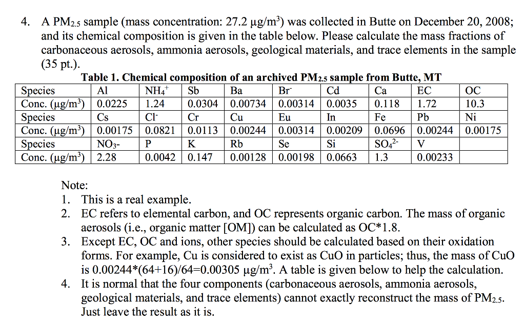 Solved 4. A PM2.5 sample (mass concentration: 27.2 ug/m3) | Chegg.com