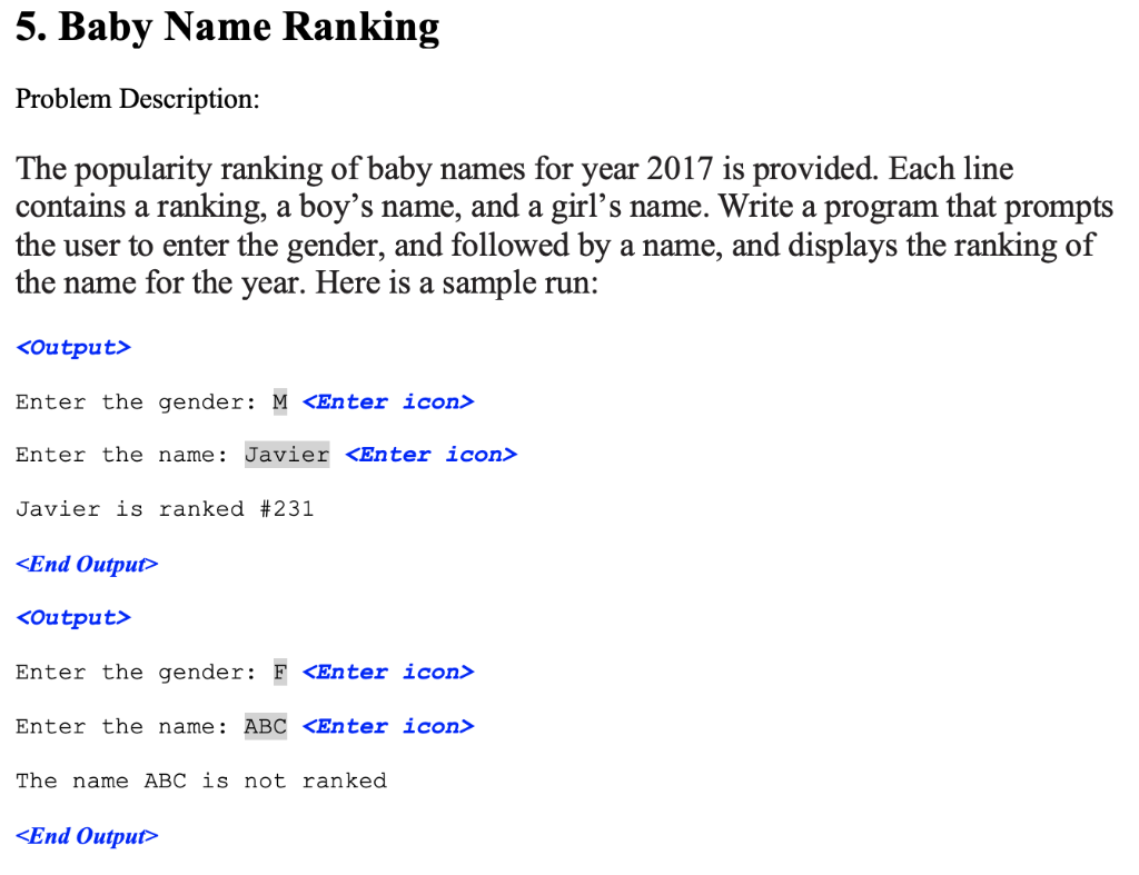 Solved 5. Baby Name Ranking Problem Description The