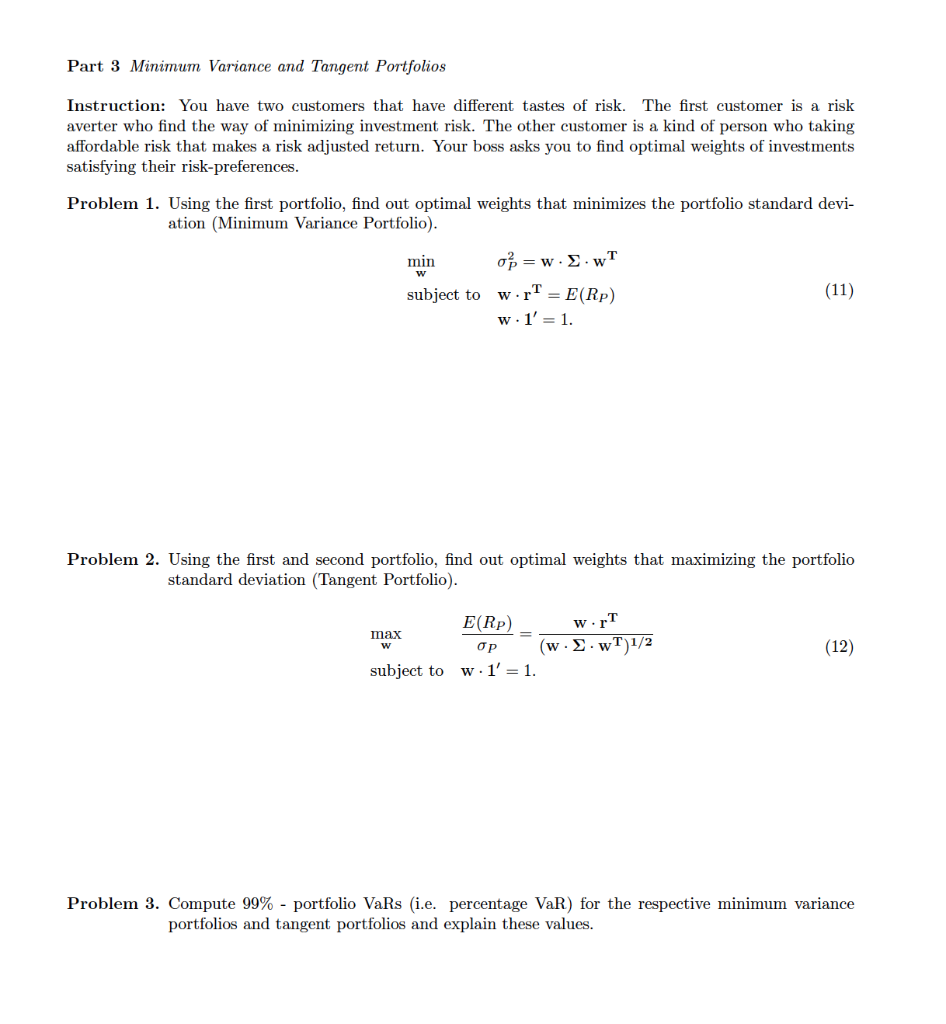 Part 3 Minimum Variance and Tangent Portfolios