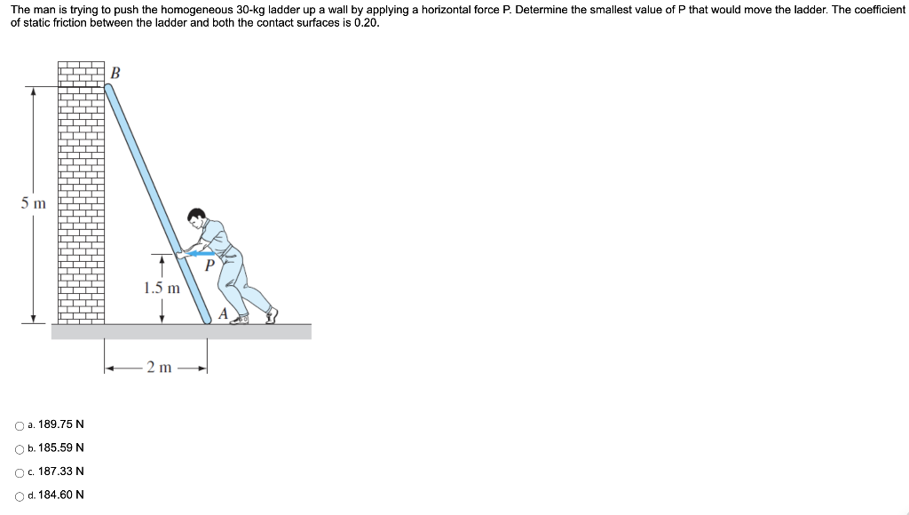 Homogeneous Ladder Solved The man is trying to push the homogeneous 30-kg | Chegg.com
