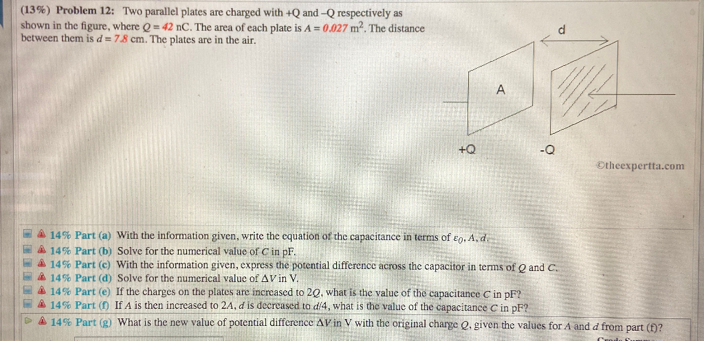 Solved (13%) Problem 12: Two parallel plates are charged | Chegg.com
