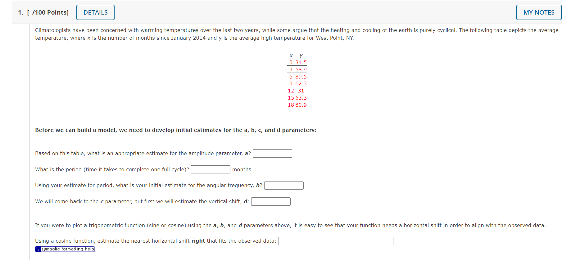 Solved temperature, where x is the number of months since | Chegg.com