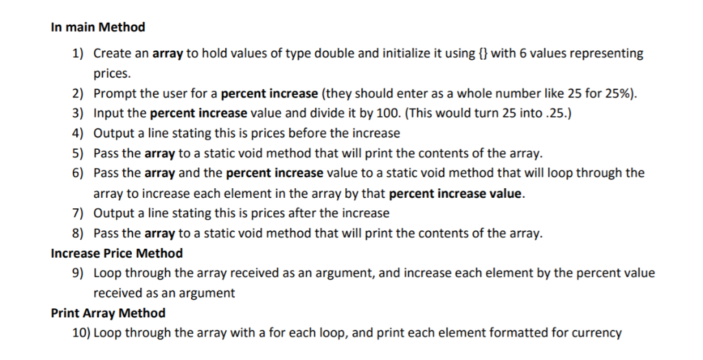 Solved n main Method 1) Create an array to hold values of | Chegg.com