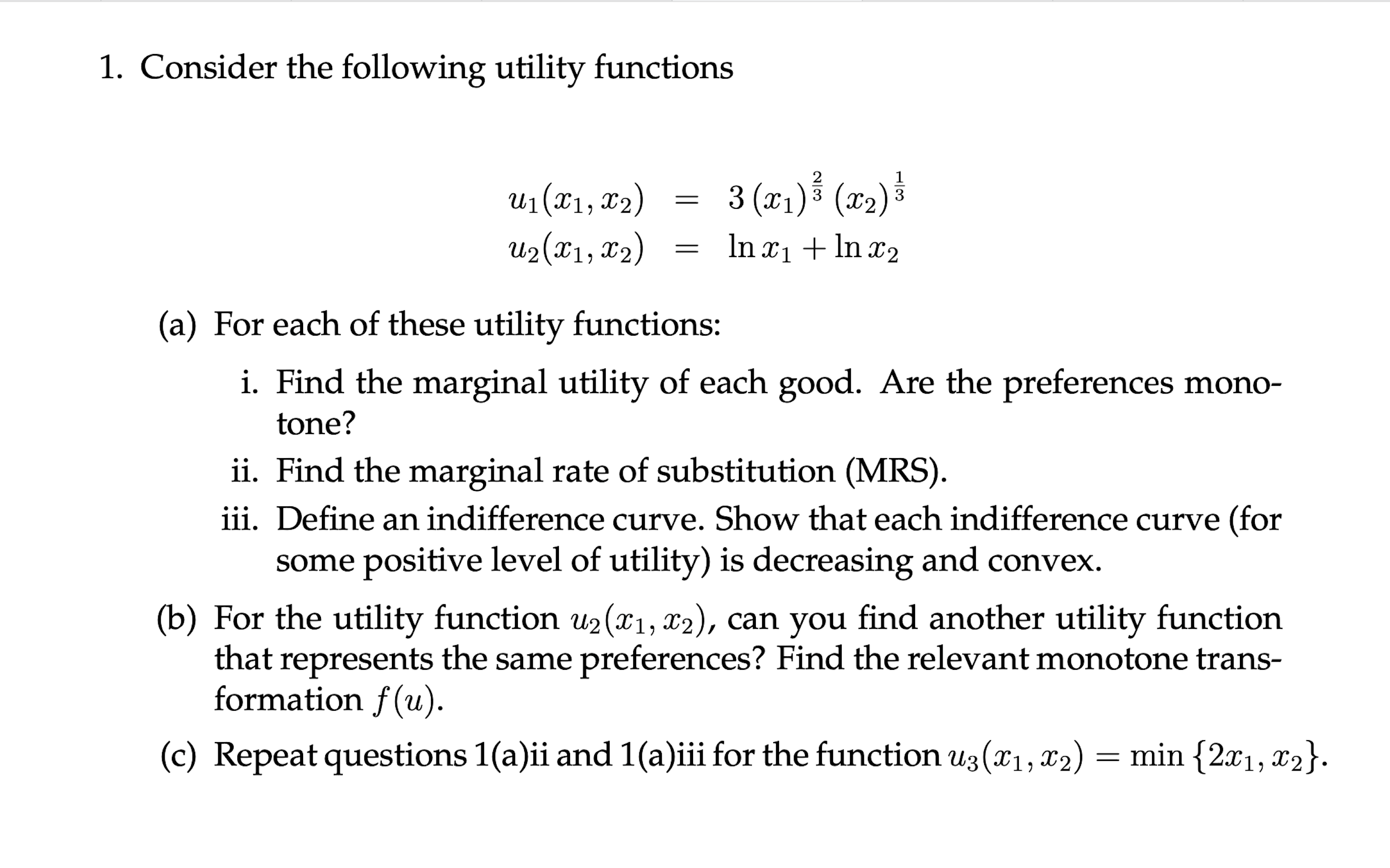 Solved 1. Consider The Following Utility Functions | Chegg.com