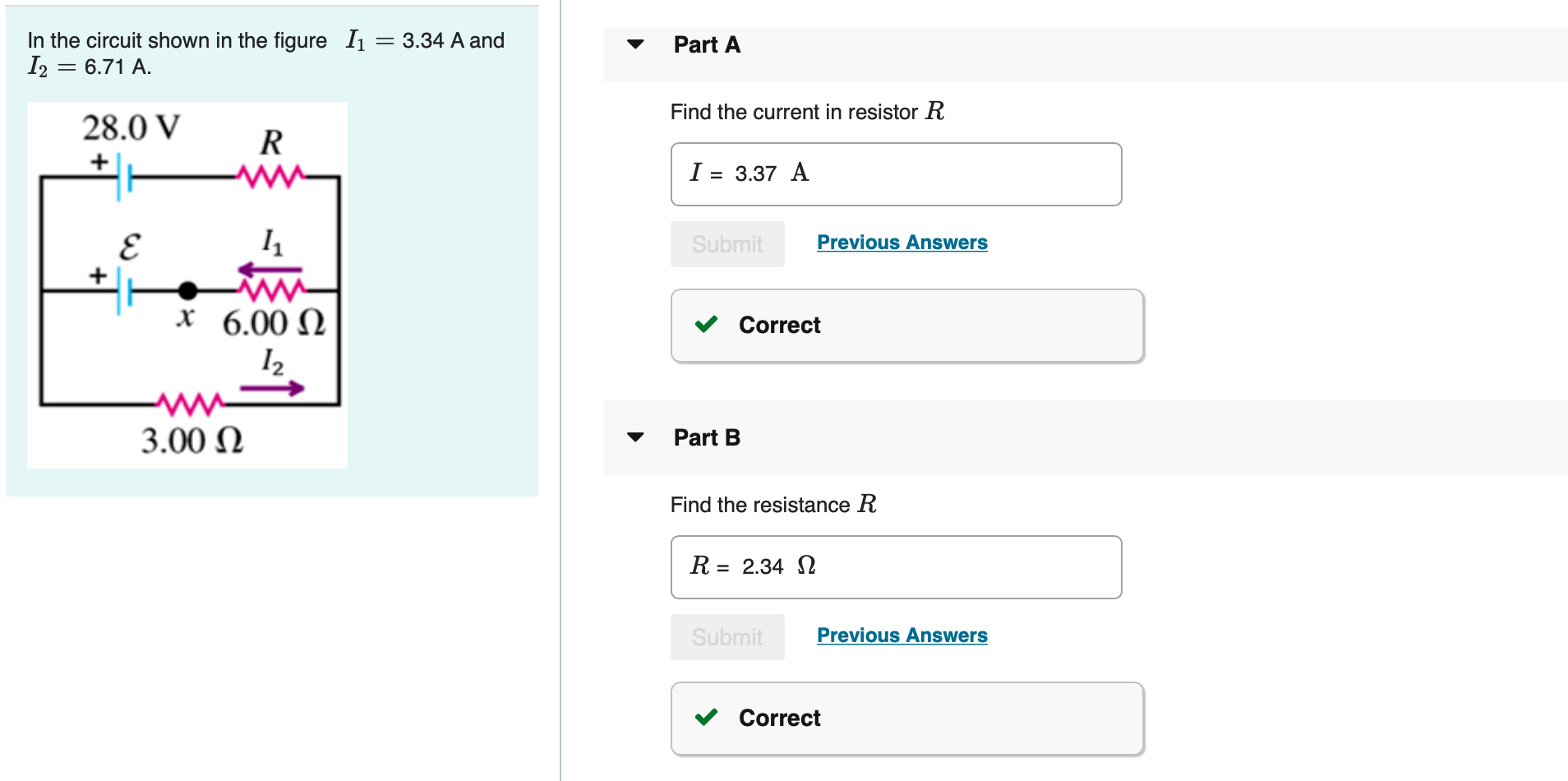 Solved In the circuit shown in the figure 12 = 6.71 A. I1 = | Chegg.com