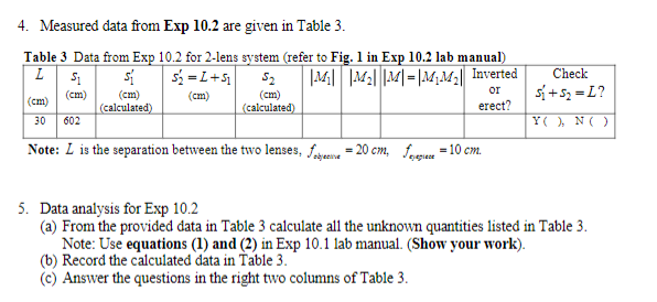 Provided data for Exp 10 and instructions for data | Chegg.com