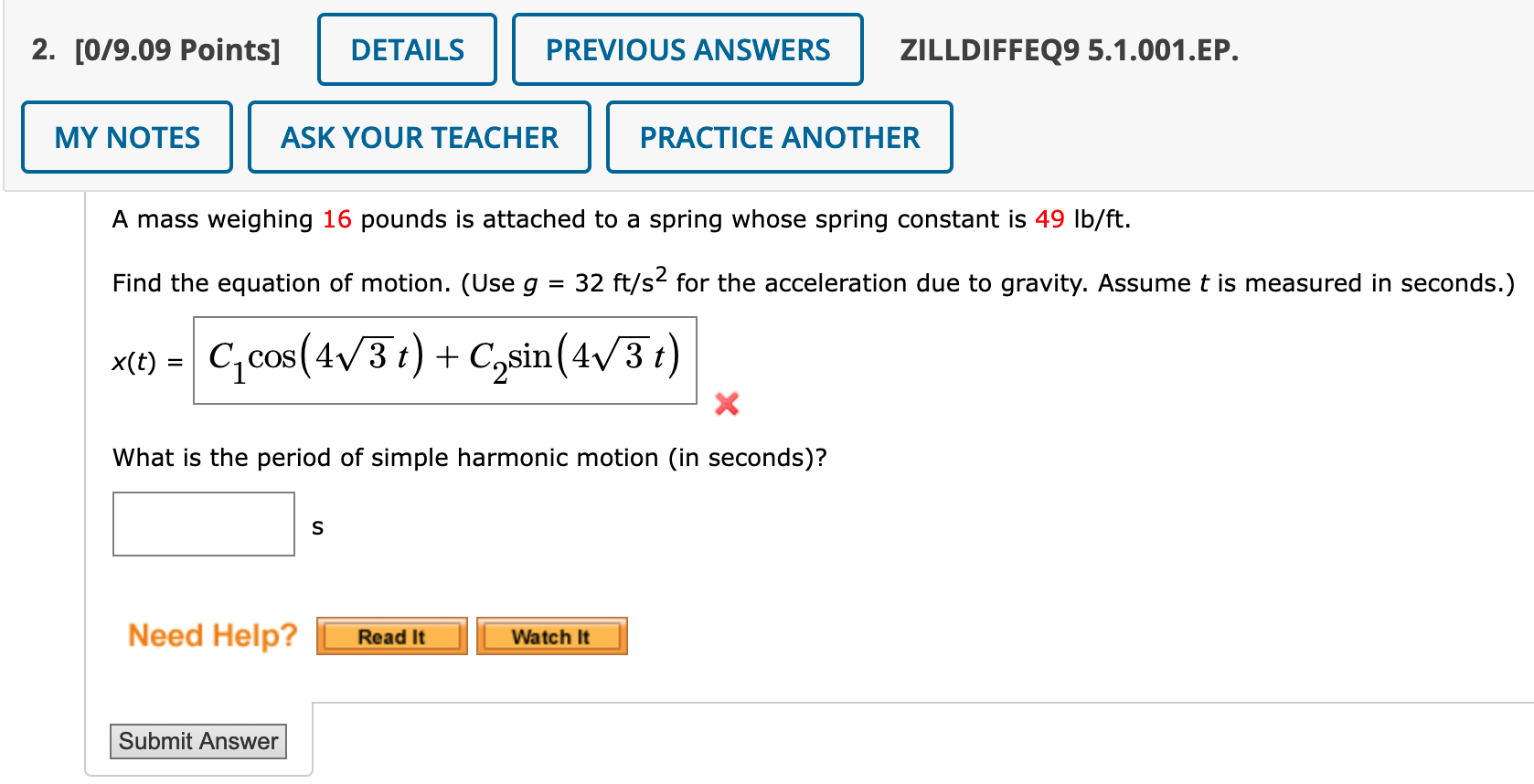 solved-a-mass-weighing-16-pounds-is-attached-to-a-spring-chegg