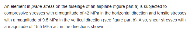 An element in plane stress on the fuselage of an airplane (figure part a) is subjected to
compressive stresses with a magnitu