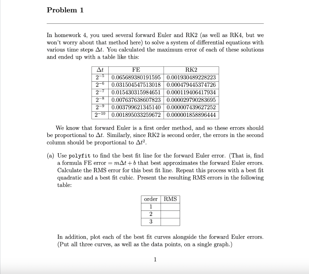 In homework 4, you used several forward Euler and RK2 (as well as RK4, but we wont worry about that method here) to solve a 