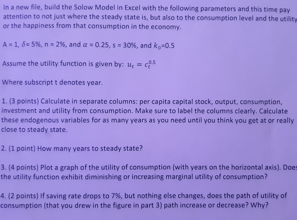 Solved In a new file, build the Solow Model in Excel with | Chegg.com