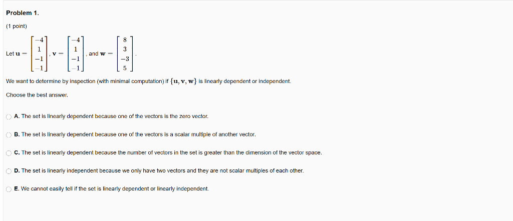 Solved Problem 1. (1 point) 8 1 1 3 Let u - V- and w- 5 We | Chegg.com