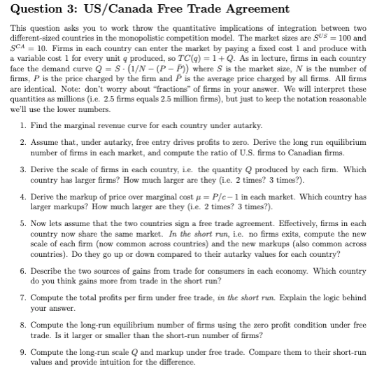 Question 3 US Canada Free Trade Agreement This Chegg