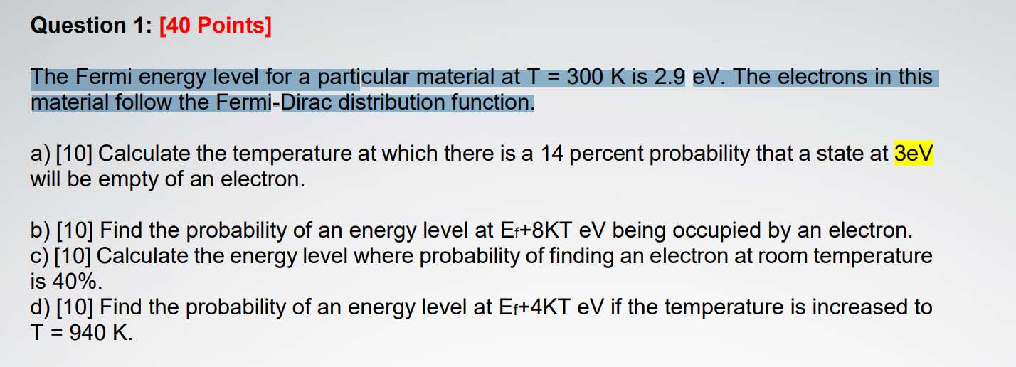 Solved The Fermi Energy Level For A Particular Material At | Chegg.com