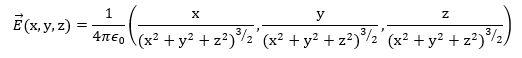 \( \vec{E}(\mathrm{x}, \mathrm{y}, \mathrm{z})=\frac{1}{4 \pi \epsilon_{0}}\left(\frac{\mathrm{x}}{\left(\mathrm{x}^{2}+\math