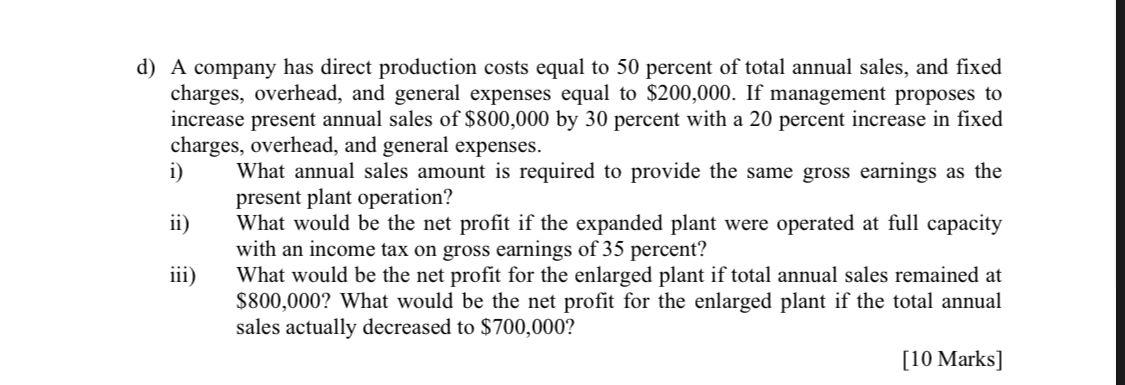 Solved d) A company has direct production costs equal to 50 | Chegg.com
