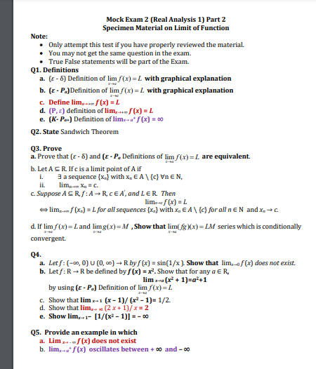 Solved Mock Exam 2 (Real Analysis 1) Part 2 Specimen | Chegg.com