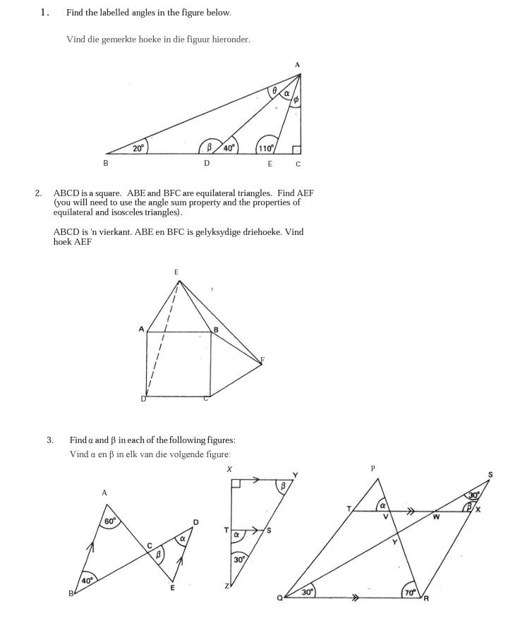 Solved 1. Find The Labelled Angles In The Figure Below. Vind 