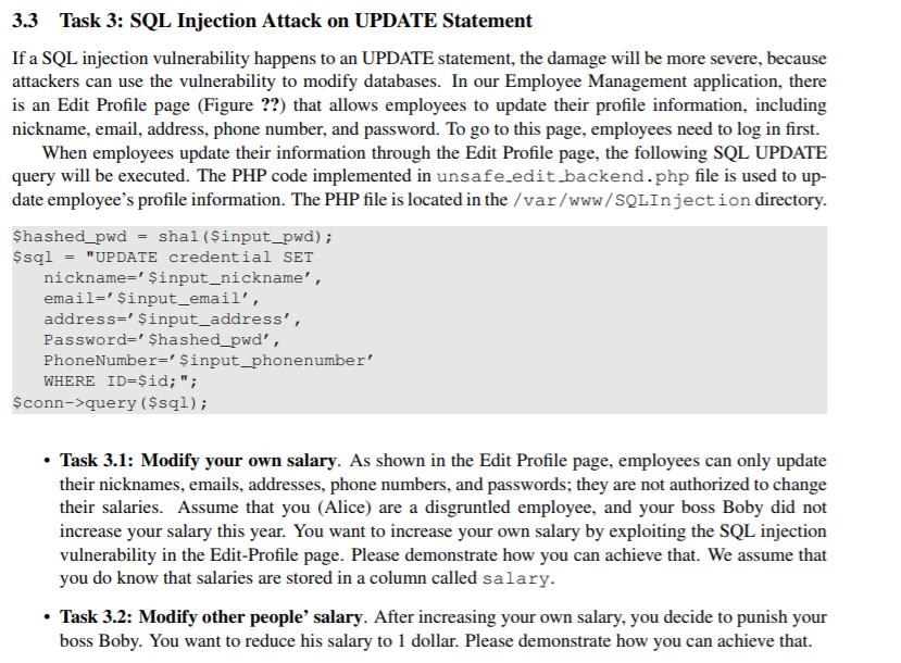 3.3 Task 3: SQL Injection Attack on UPDATE Statement | Chegg.com