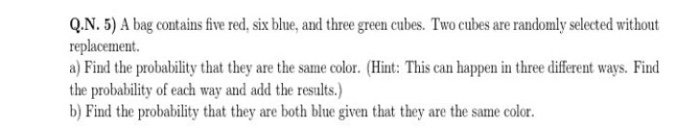 Solved A bag contains five red. six blue, and three green | Chegg.com