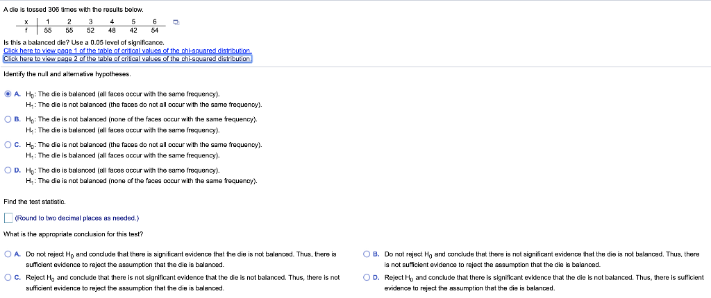 solved-a-die-is-tossed-306-times-with-the-results-below-x-1-chegg