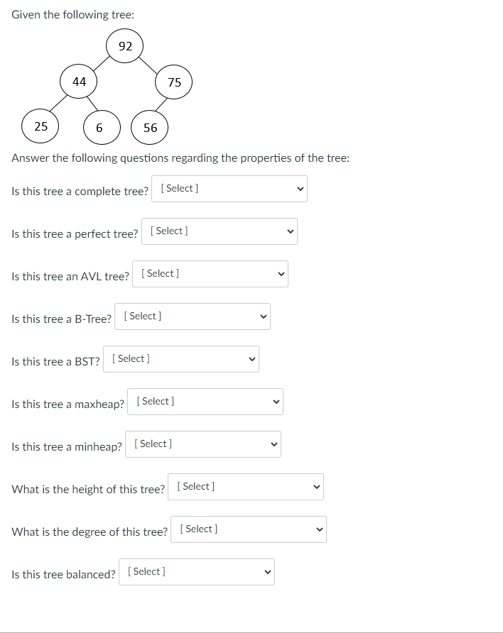 Solved Given the following tree: 92 44 75 25 6 56 Answer the | Chegg.com