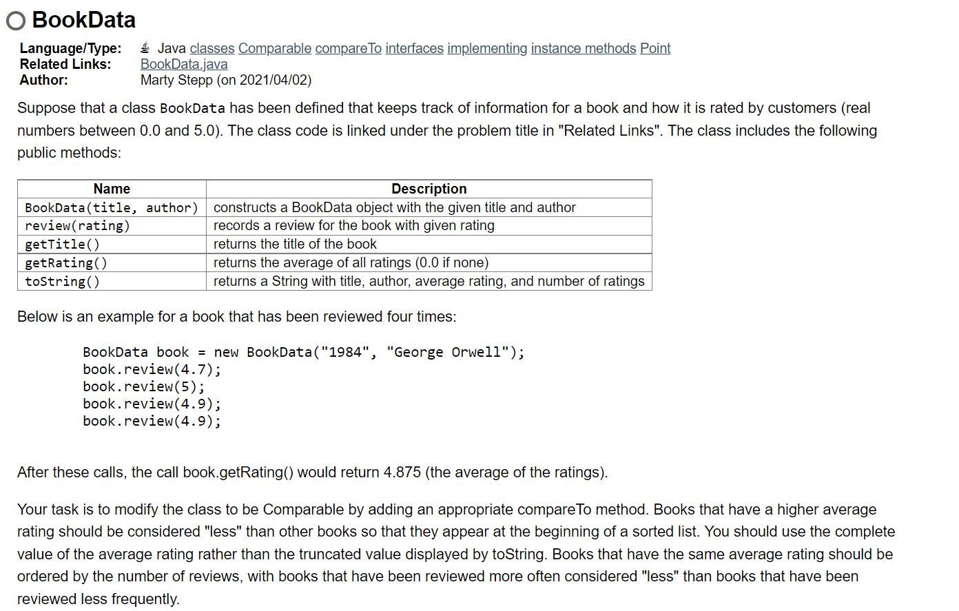 Language/Type Java classes Comparable compareTo