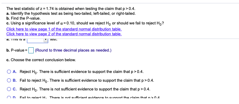 Solved The test statistic of z = 1.74 is obtained when | Chegg.com