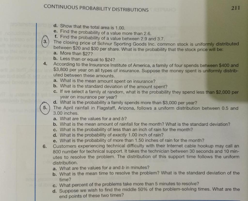 Solved CONTINUOUS PROBABILITY DISTRIBUTIONS 211 3. 4. 5. d. | Chegg.com