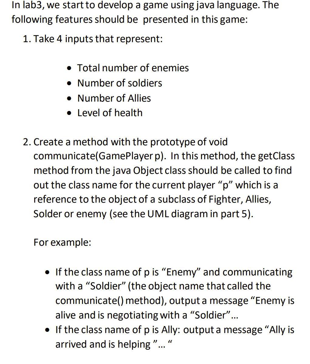 In lab3, we start to develop a game using java | Chegg.com