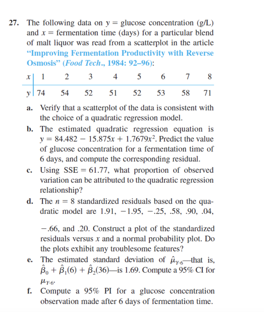 Solved 27. The following data on y = glucose concentration | Chegg.com