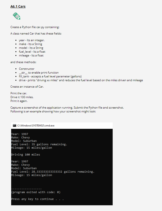 Solved A6.1 Cars Create a Python file car.py containing: A | Chegg.com