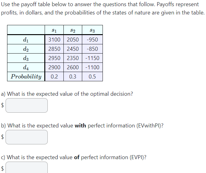 Solved Use the payoff table below to answer the questions | Chegg.com