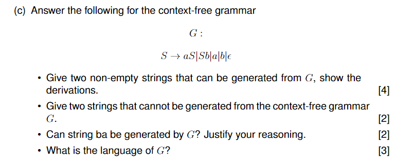 Solved (c) Answer the following for the context-free grammar | Chegg.com