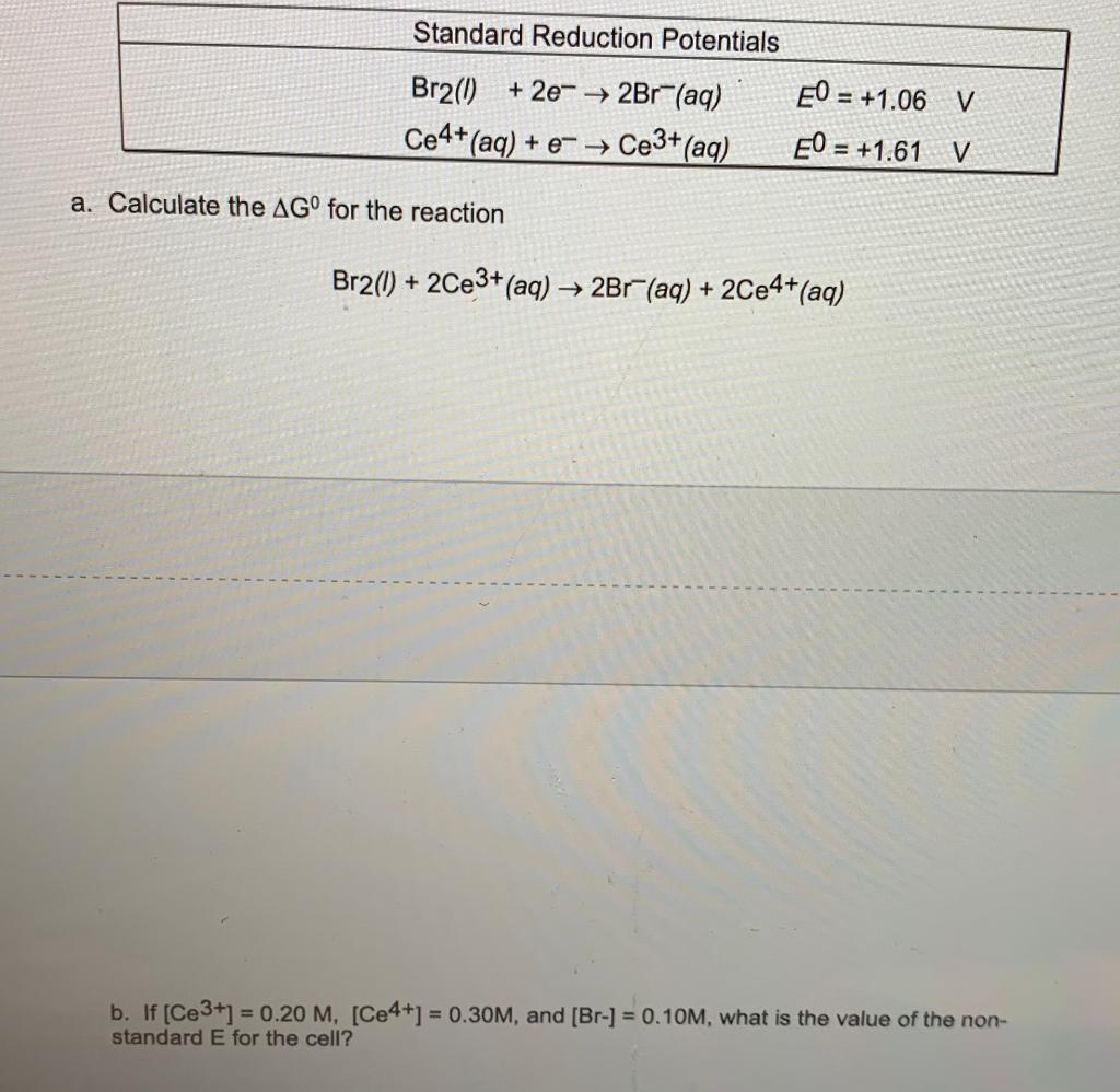 Solved Standard Reduction Potentials Br2() + 2e → 2Br(aq)