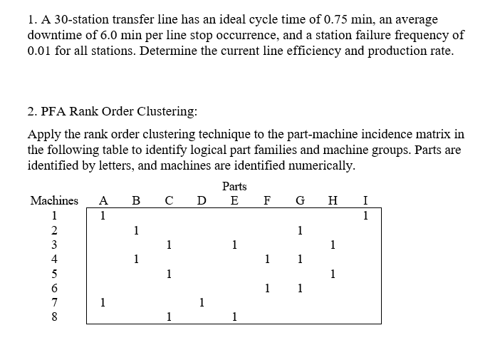 Solved 1. A 30-station transfer line has an ideal cycle time | Chegg.com