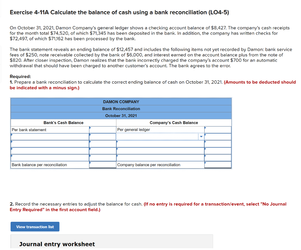 Solved Exercise 22-22A Calculate the balance of cash using a Regarding Reconciling A Bank Statement Worksheet