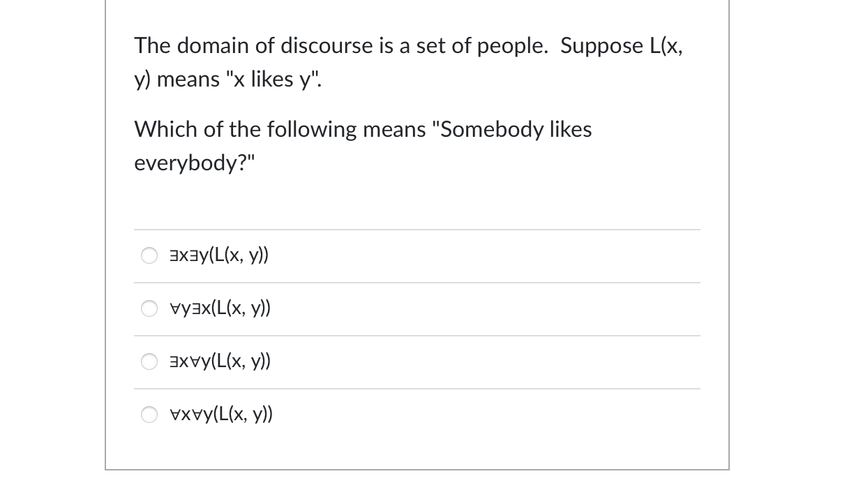 Solved The domain of discourse is a set of people. Suppose | Chegg.com ...