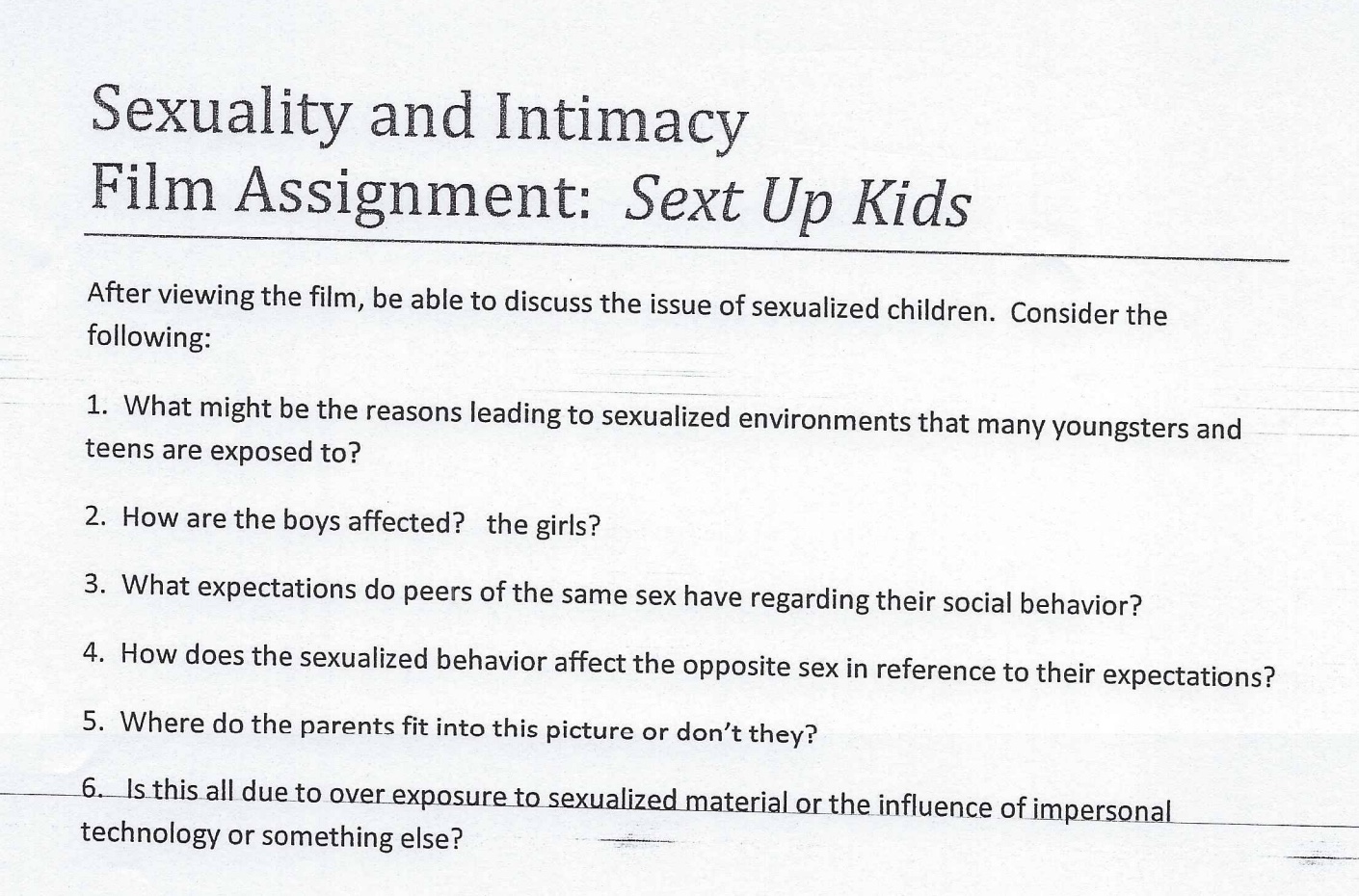 Solved Sexuality and Intimacy Film Assignment: Sext Up Kids | Chegg.com