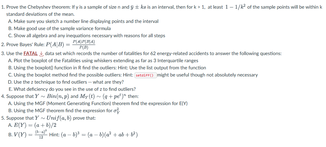 Solved 1 Prove The Chebyshev Theorem If Y Is A Sample Of