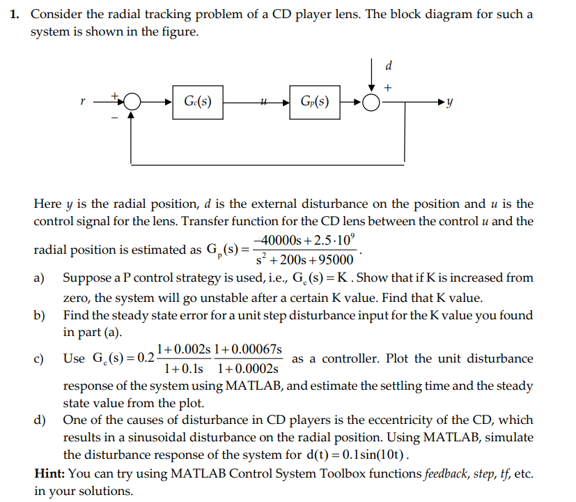 Solved Consider the radial tracking problem of a CD player