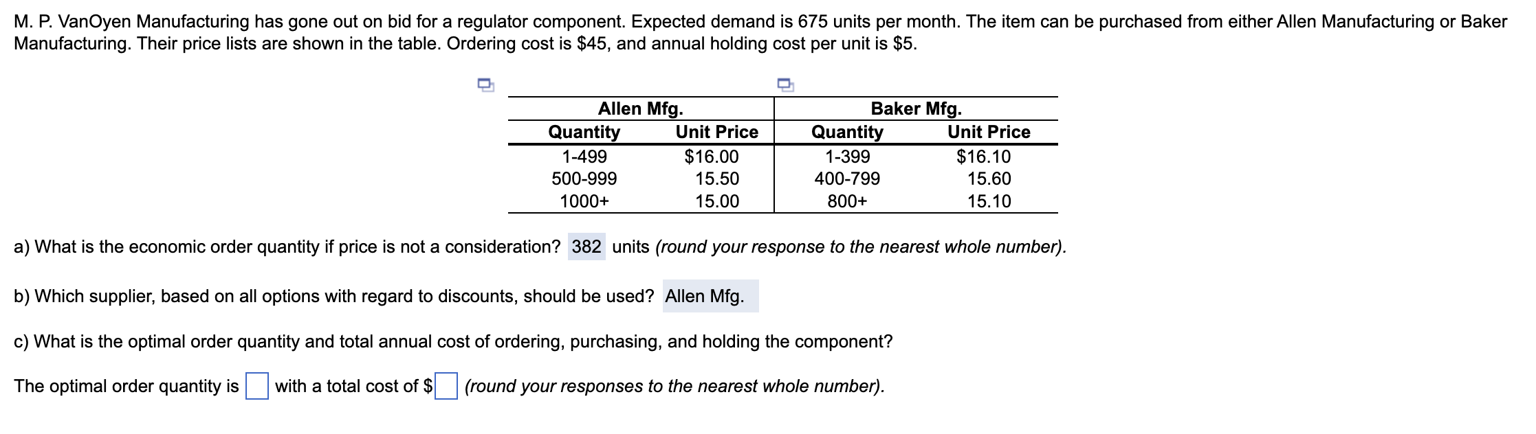 Solved a) What is the economic order quantity if price is | Chegg.com