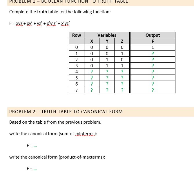 PROBLEM 1- BOOLEAN F UNCTION JIH TABLE Complete the truth table for the following function: F= xVZ + XX + yz + XVZ +Xvz Vari