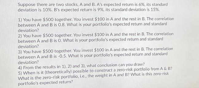 Solved Suppose There Are Two Stocks, A And B. A's Expected | Chegg.com ...