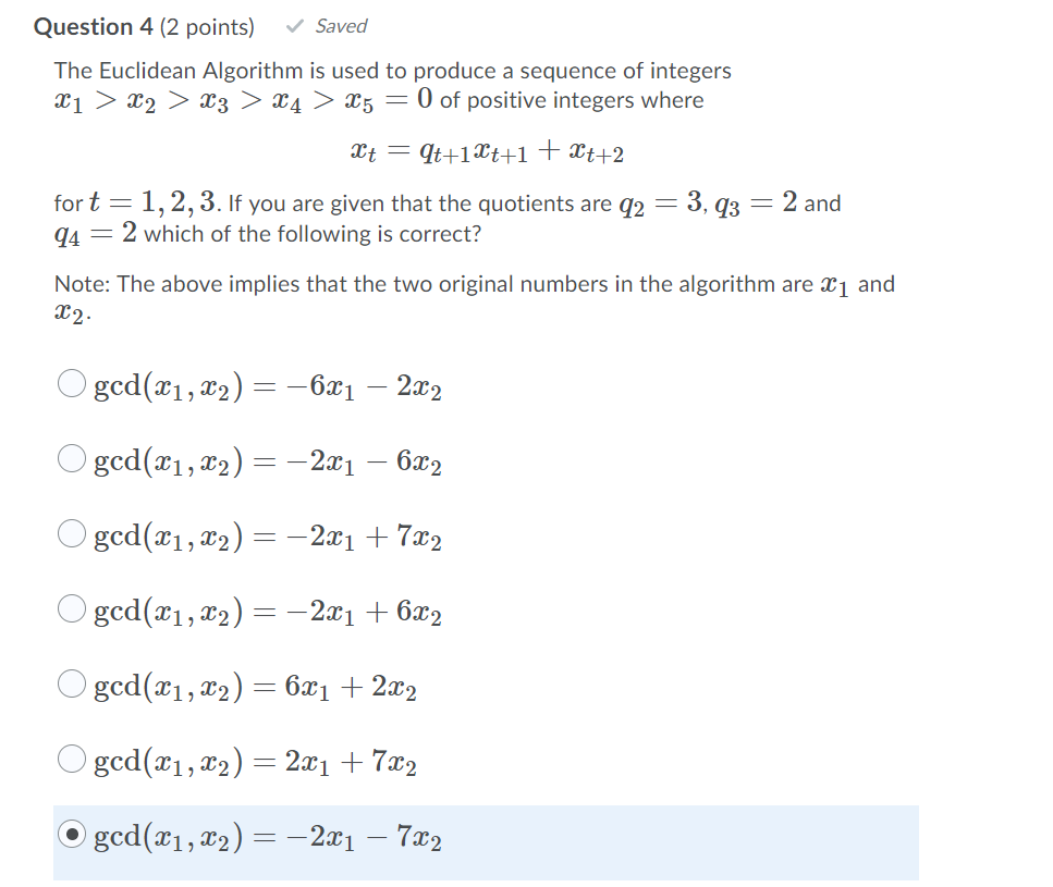 Solved Question 4 (2 Points) Saved The Euclidean Algorithm | Chegg.com