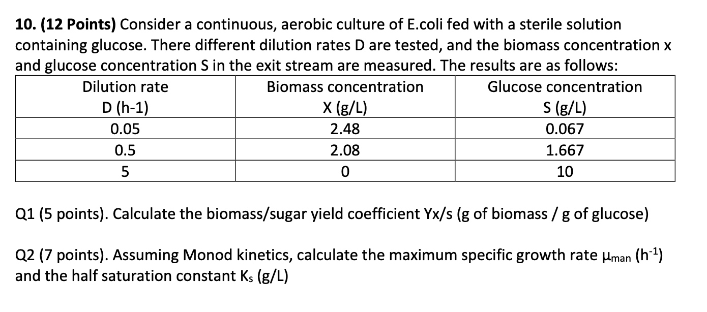 10. (12 Points) Consider a continuous, aerobic