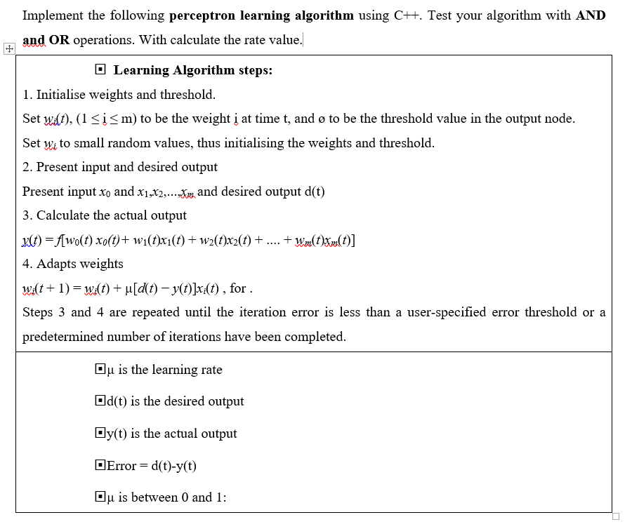 Solved Implement the following perceptron learning algorithm | Chegg.com