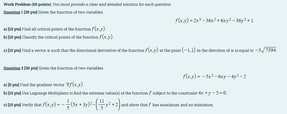 Solved Work Problem (60 points) You must provide a clear and | Chegg.com